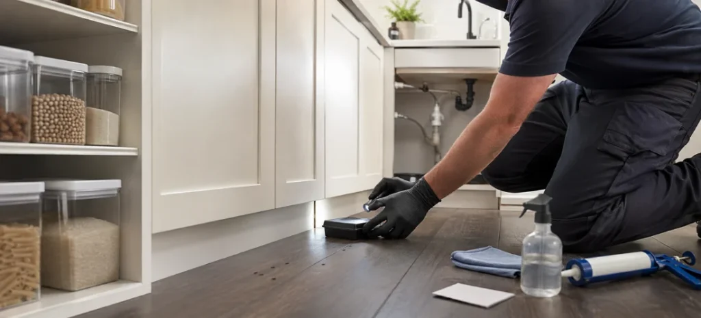 Pest control technician placing ant bait and inspecting entry gaps in a clean Brampton kitchen.