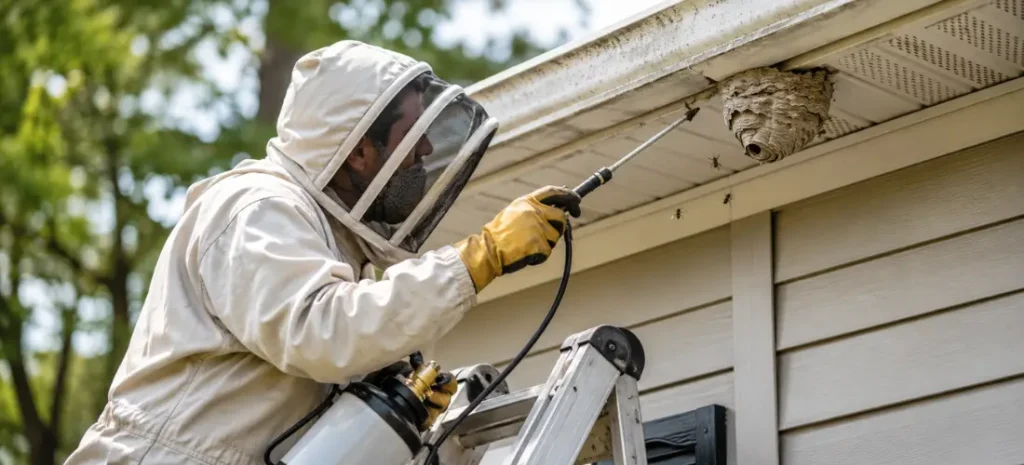 Professional wasp exterminator treating an active nest under home eaves while wearing protective gear.