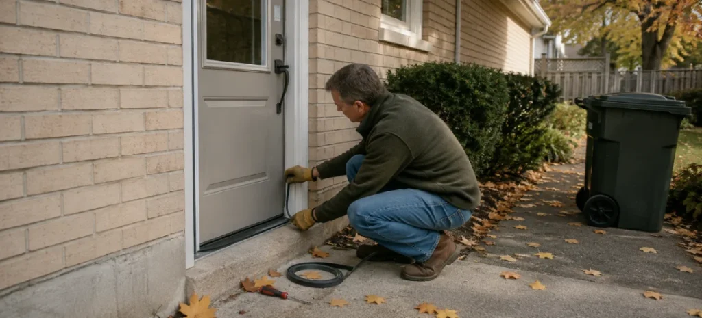 Homeowner sealing a door gap in autumn to prevent pests from entering.