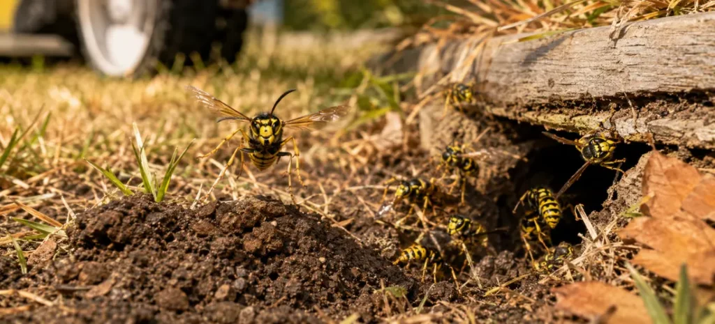 Defensive yellowjackets emerging from a disturbed underground nest in a garden during late summer.