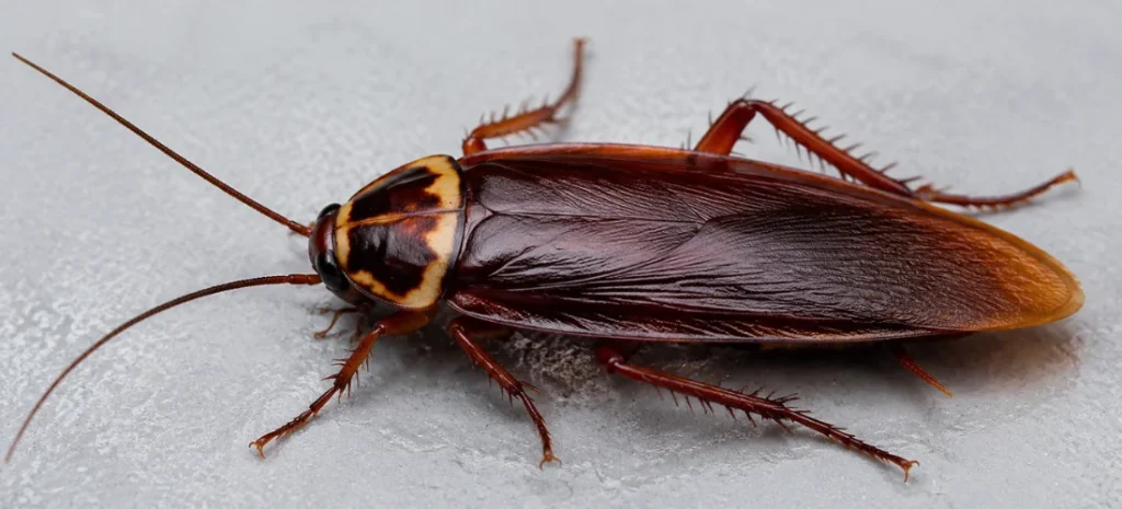 Close-up of an American cockroach with reddish-brown wings