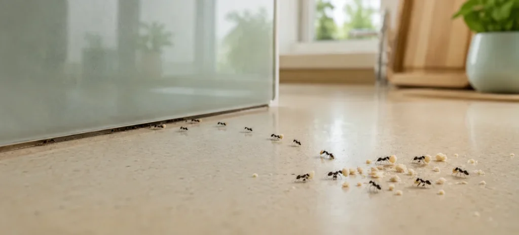 Ants carrying food crumbs toward a gap beneath a kitchen backsplash in a Brampton home.