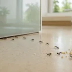 Ants carrying food crumbs toward a gap beneath a kitchen backsplash in a Brampton home.