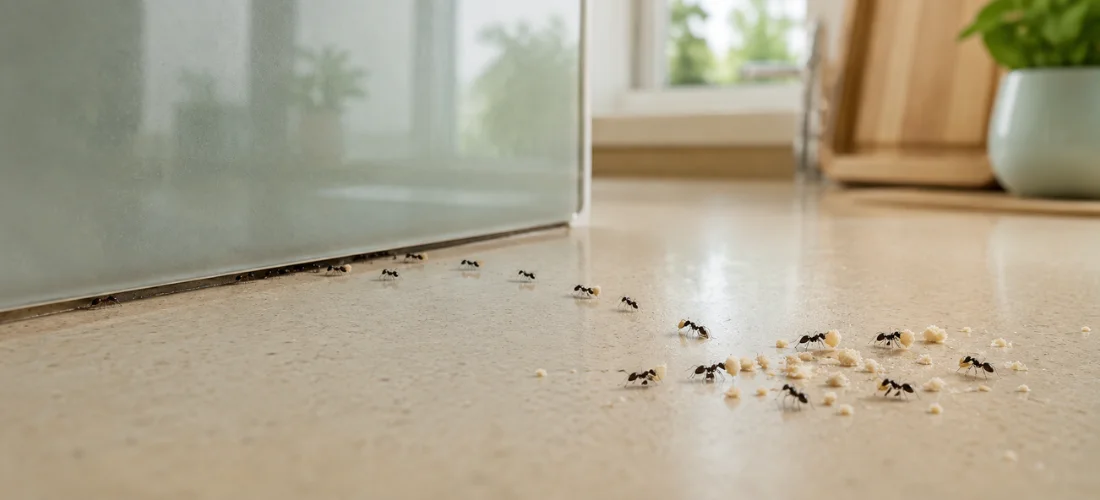 Ants carrying food crumbs toward a gap beneath a kitchen backsplash in a Brampton home.