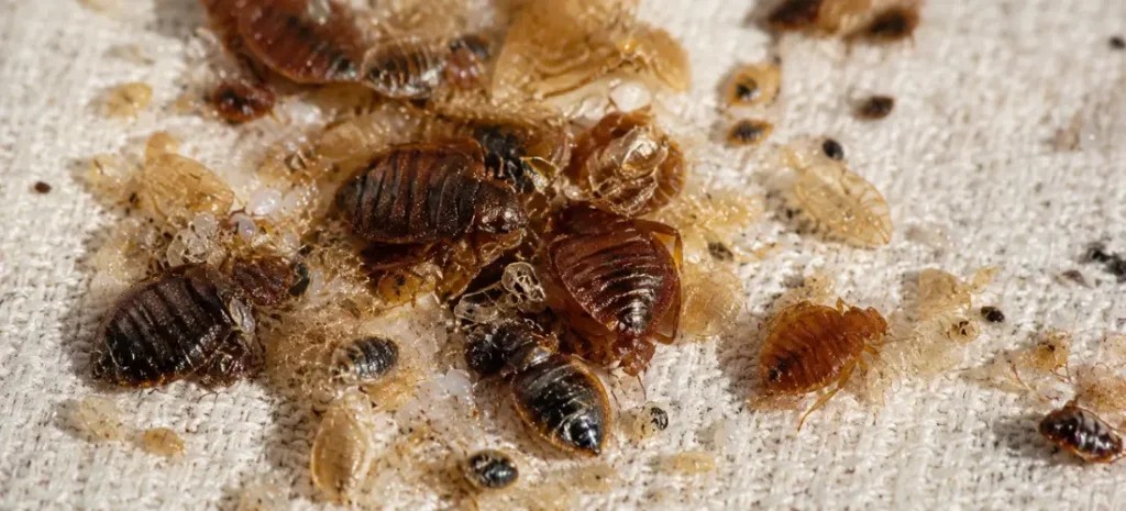 Close-up of multiple bed bugs, shed skins, and eggs on a mattress fabric surface.
