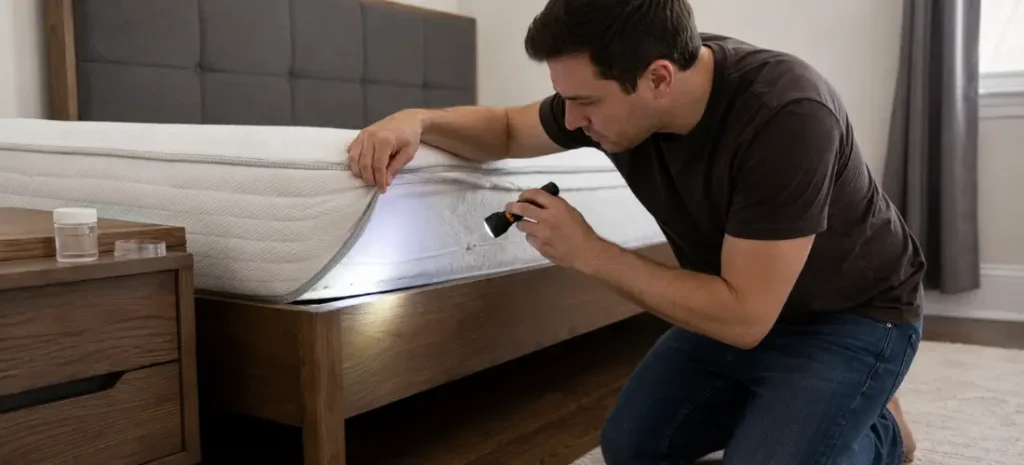Homeowner inspecting mattress seams and the bed frame with a flashlight for signs of bed bugs.