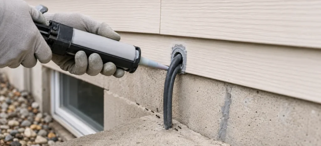 Homeowner sealing a utility-line gap in an exterior wall as ants approach the opening.
