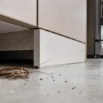 Cockroach near kitchen cabinets and plumbing showing signs of an infestation in a Scarborough home