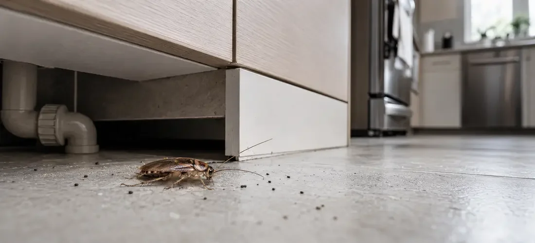 Cockroach near kitchen cabinets and plumbing showing signs of an infestation in a Scarborough home
