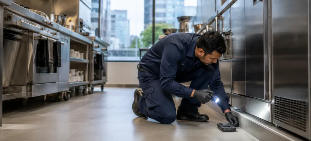 Commercial pest control technician inspecting a restaurant kitchen in Toronto
