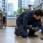 Commercial pest control technician inspecting a restaurant kitchen in Toronto