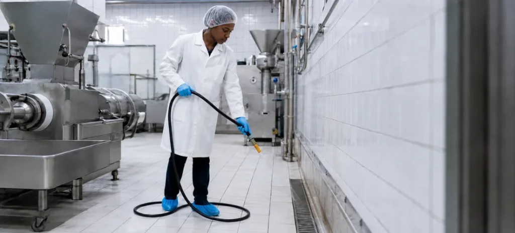 Commercial pest control technician treating a food-processing facility