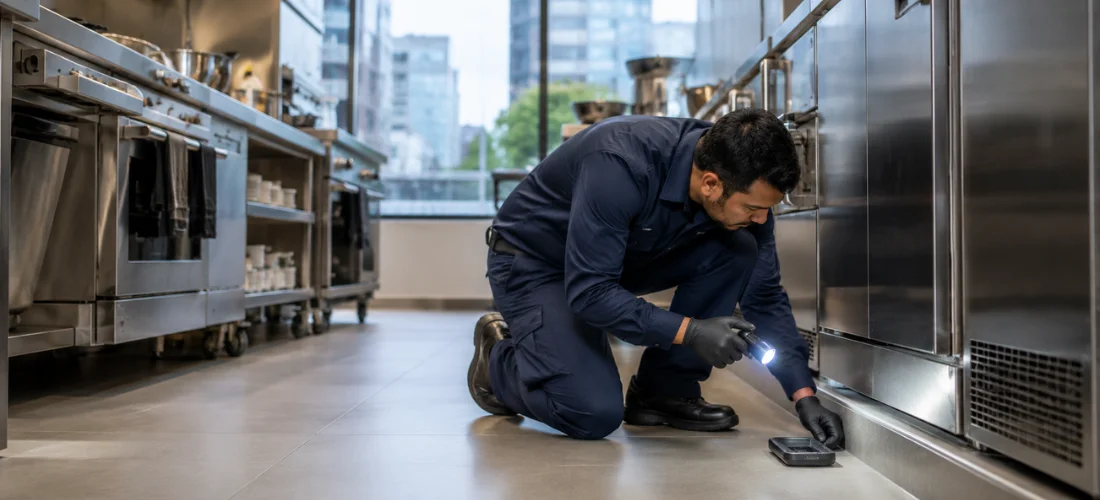 Commercial pest control technician inspecting a restaurant kitchen in Toronto