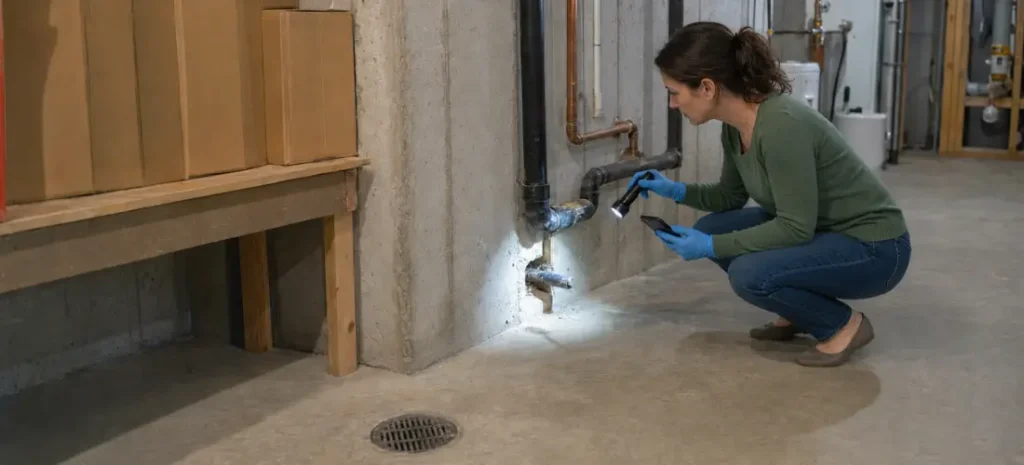 Homeowner inspecting a possible pest entry point around basement pipes with a flashlight.
