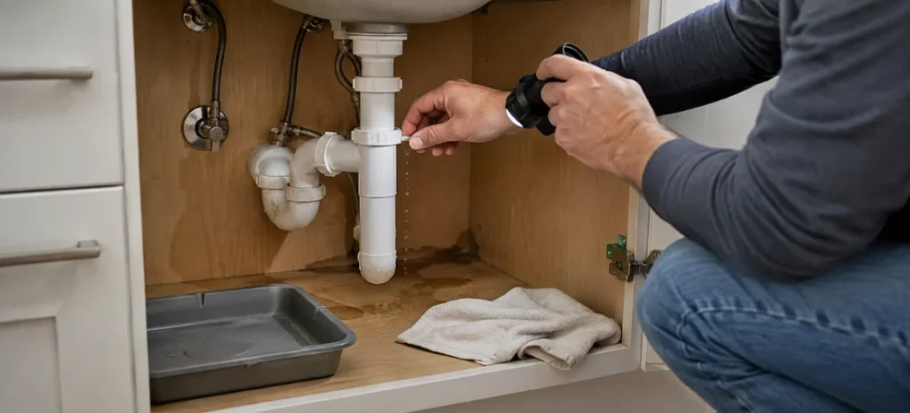 Homeowner inspecting a leaking pipe and water-damaged wood beneath a kitchen sink.
