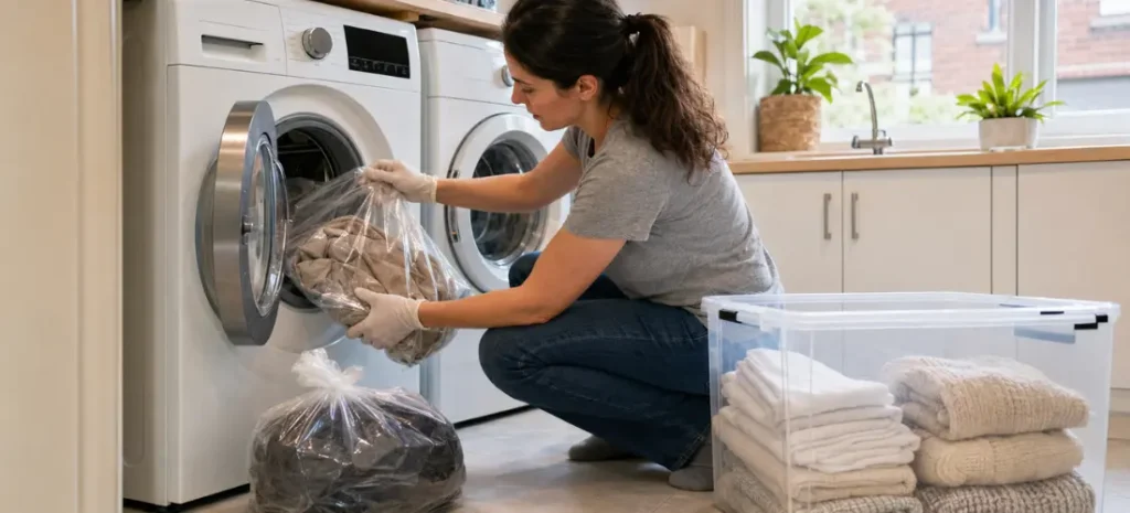 Homeowner safely transferring exposed clothing from a sealed bag into a washing machine.