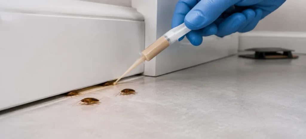 Pest-control technician applying gel bait near cockroaches along a kitchen baseboard