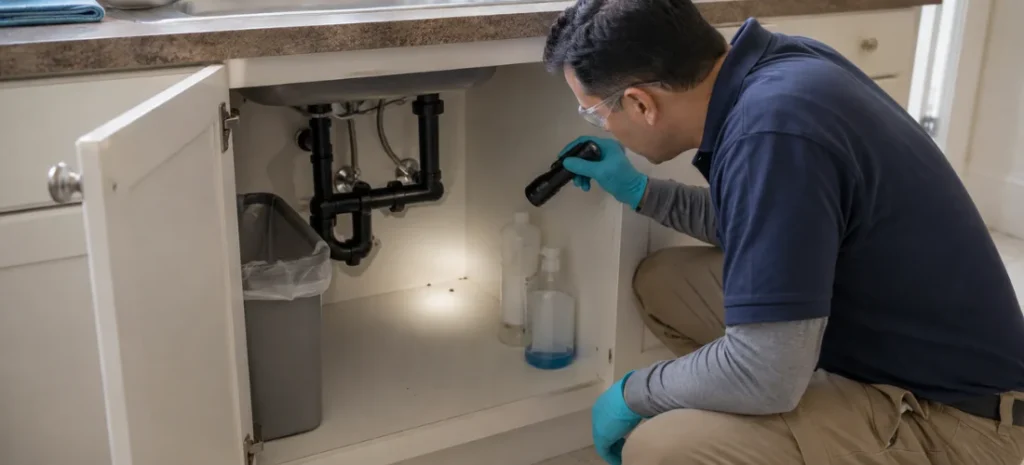 Pest control technician inspecting rodent droppings beneath a kitchen sink.