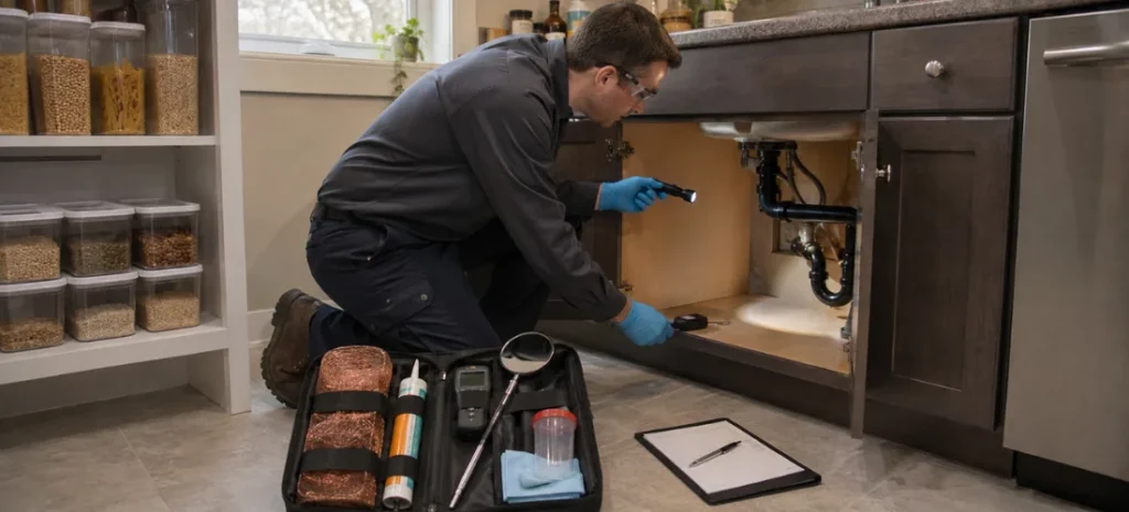 Technician using integrated pest management methods during a residential kitchen inspection.