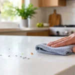 Ants near food crumbs as a homeowner cleans a modern kitchen counter