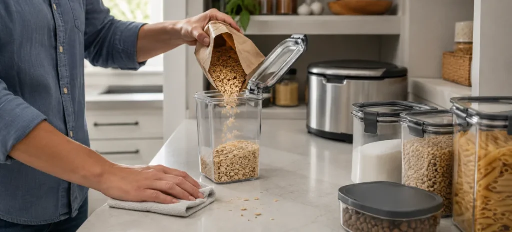 Homeowner cleaning crumbs while transferring cereal into an airtight kitchen storage container.