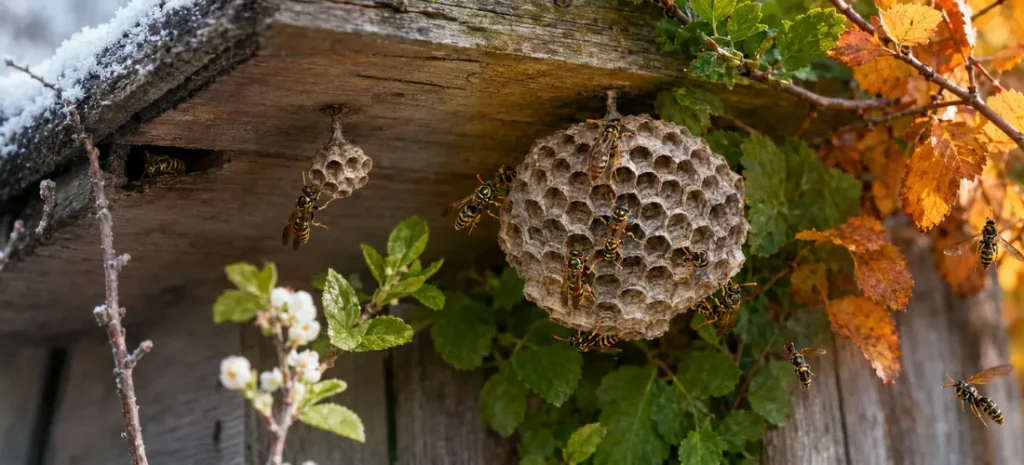 Annual wasp life cycle showing a dormant queen, early nest building, a mature colony, and declining autumn activity.