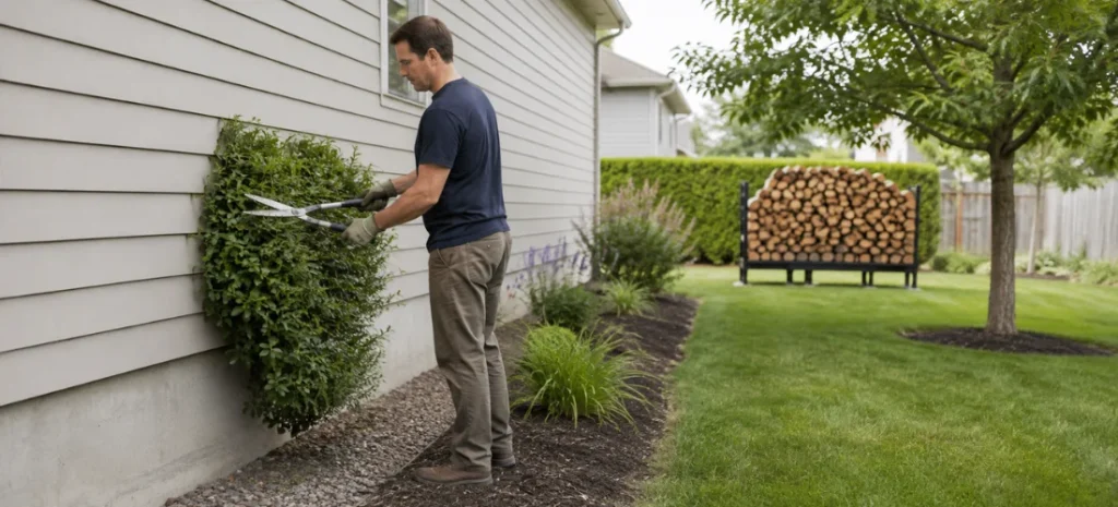 Homeowner trimming shrubs away from the house with firewood stored on a raised rack.