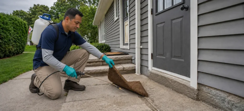 Pest control technician treating beneath a doormat outside an Ontario home.