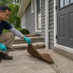 Pest control technician treating beneath a doormat outside an Ontario home.