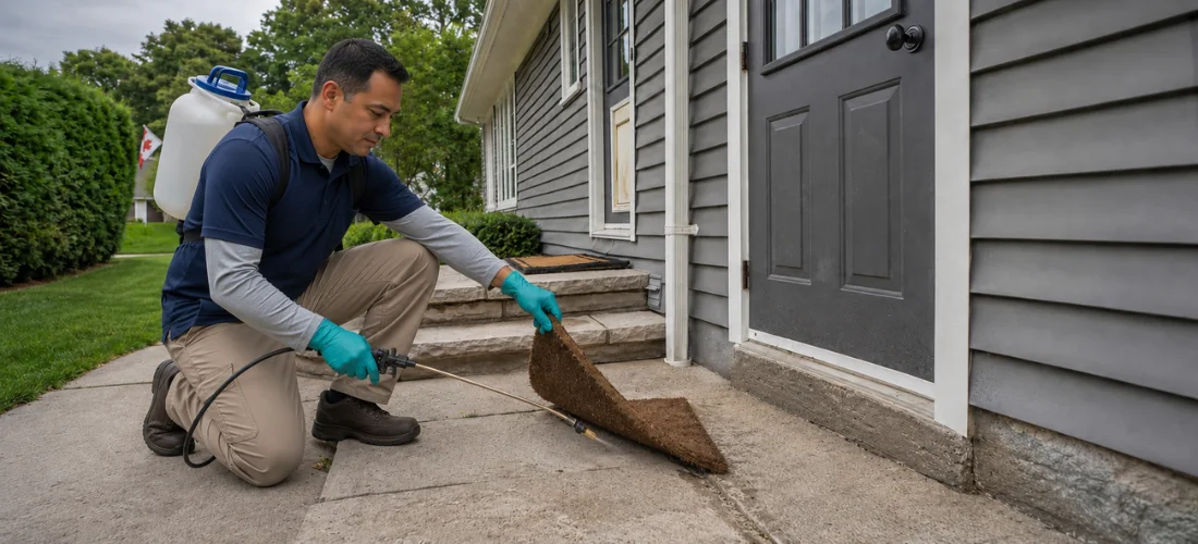 Pest control technician treating beneath a doormat outside an Ontario home.