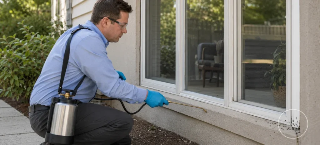Pest control technician treating ants around a residential window in the GTA.