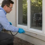 Pest control technician treating ants around a residential window in the GTA.
