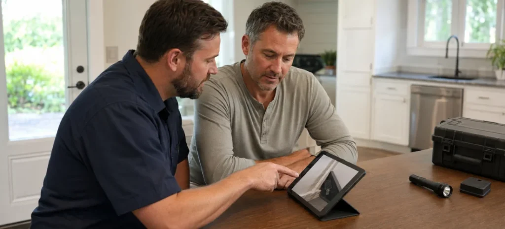 Pest management technician reviewing inspection findings on a tablet with a homeowner.
