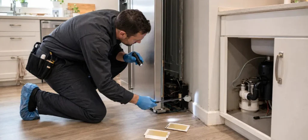 Professional pest exterminator inspecting behind a refrigerator for cockroach activity in a Scarborough kitchen