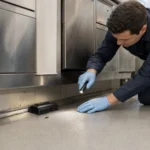 Pest management technician inspecting a commercial kitchen for signs of pest activity.