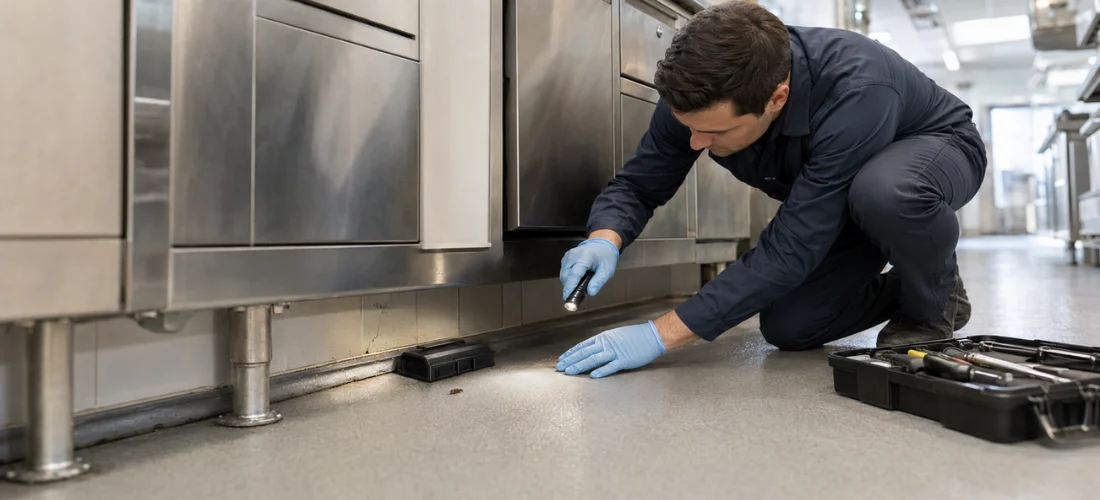 Pest management technician inspecting a commercial kitchen for signs of pest activity.