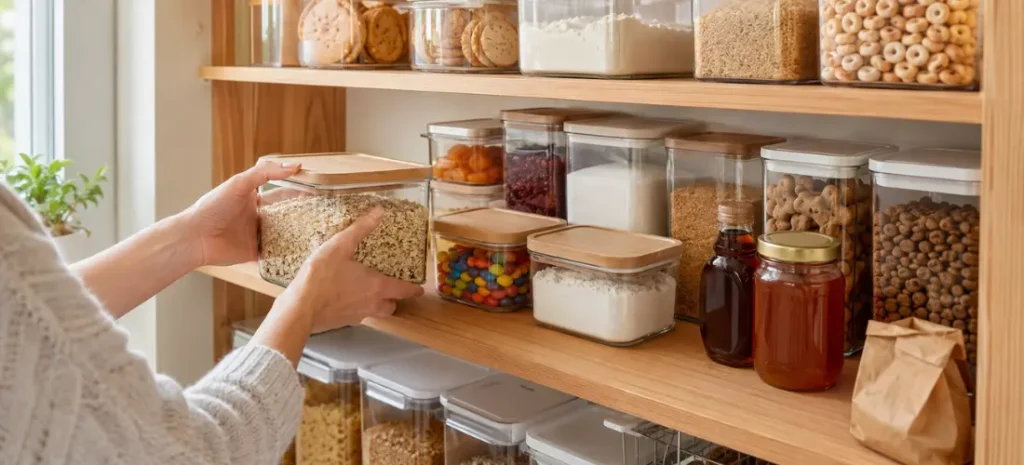 Homeowner organizing groceries in sealed containers on pantry shelves