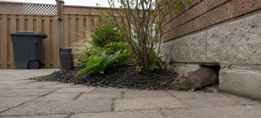Rat emerging beside a garden and house foundation in Mississauga