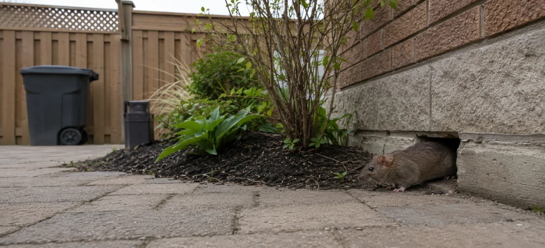 Rat emerging beside a garden and house foundation in Mississauga