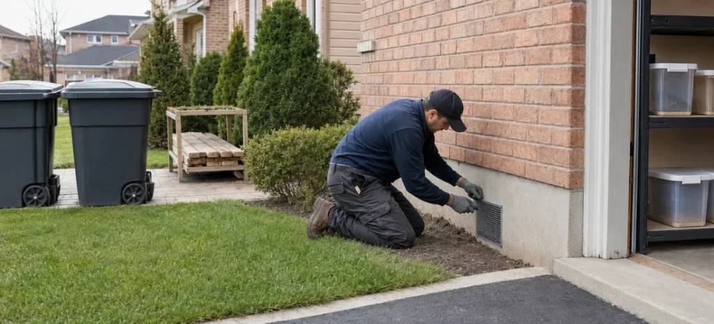 Pest control worker sealing a foundation vent to prevent rat entry
