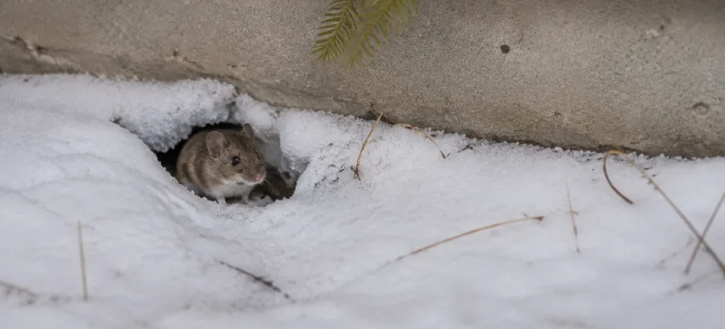 House mouse emerging from snow beside a GTA home foundation in winter.