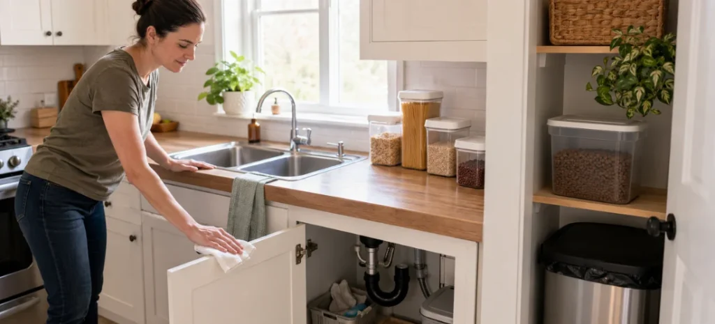 Homeowner cleaning a kitchen with sealed food containers and secure waste storage to prevent pests.