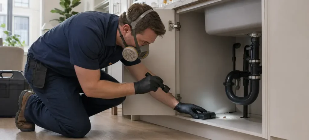 Pest control technician inspecting cockroach activity under a kitchen sink in a GTA home.