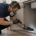 Pest control technician inspecting cockroach activity under a kitchen sink in a GTA home.