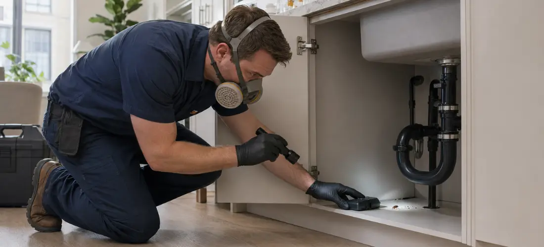 Pest control technician inspecting cockroach activity under a kitchen sink in a GTA home.