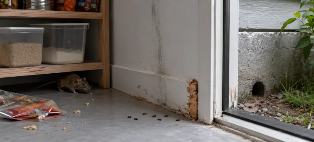 Rat near droppings, gnaw marks, damaged packaging, and a foundation hole