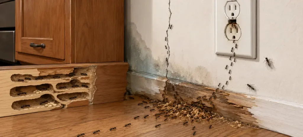 Carpenter ants emerging from damaged damp wood, wall cracks, and an electrical outlet