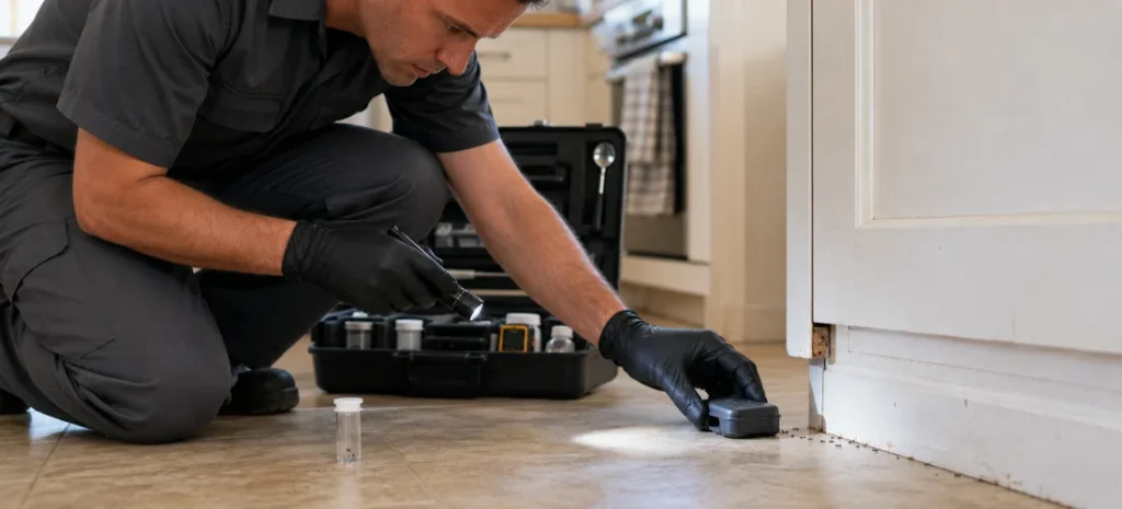 Professional pest control technician inspecting an ant trail and placing a targeted bait station in a kitchen.