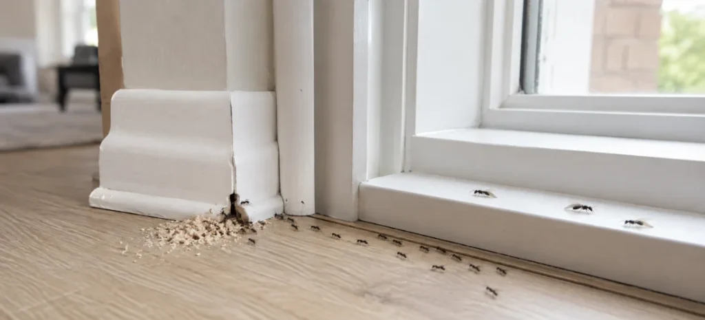 Carpenter ants, wood debris, and winged ants near damaged window trim in a Brampton home.