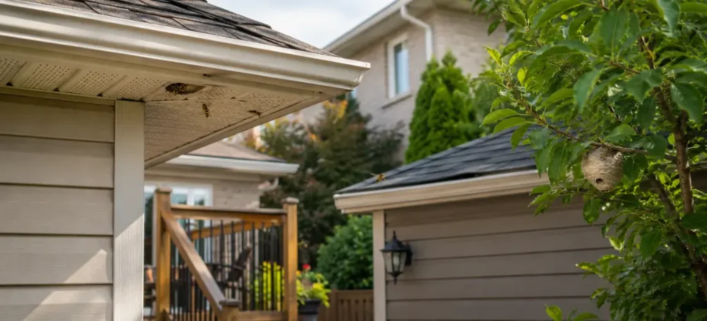 Wasp nests around GTA home eaves and garden trees near a backyard deck and garage.